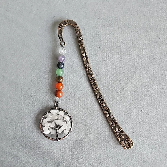 Floral Engraved Metal Bookmark with Gemstone Beads - Picture 1 of 7